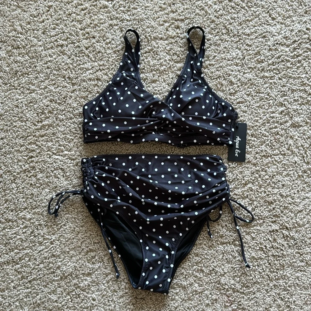022 NWT Aqua Eve Women High‎ Waisted Twist Front Lace Up Back Bikini - Size: S